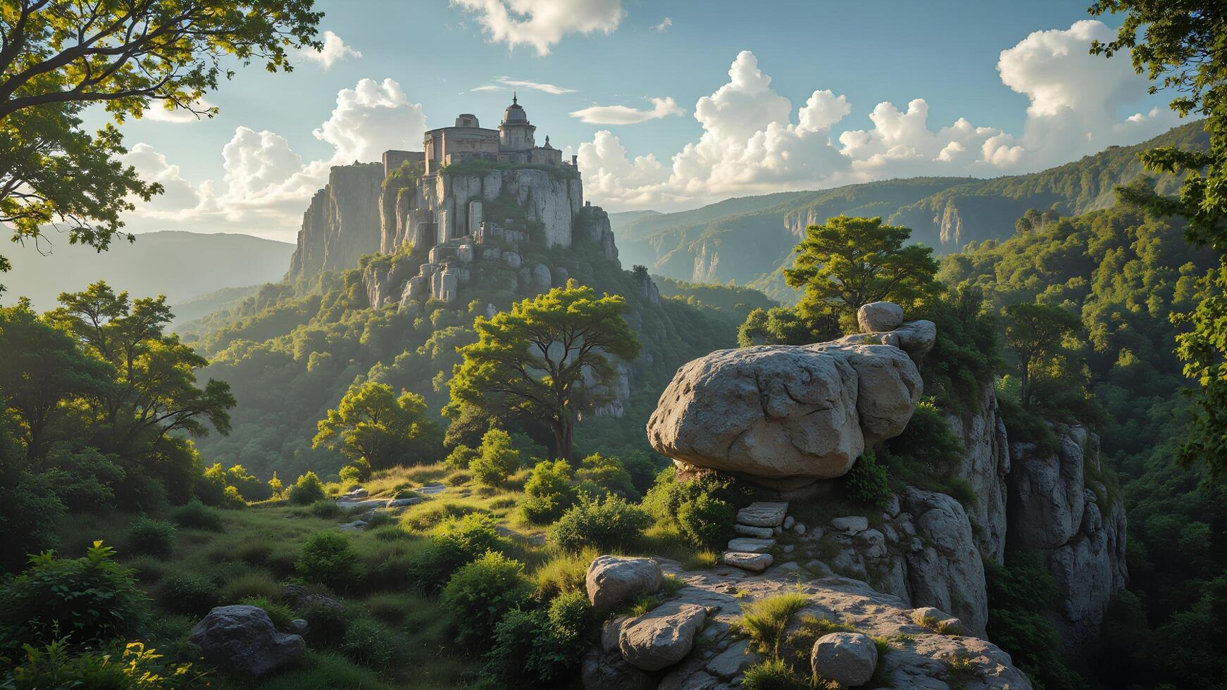 Serene Mountain Landscape with Castle and Lush Greenery in Sunset photo