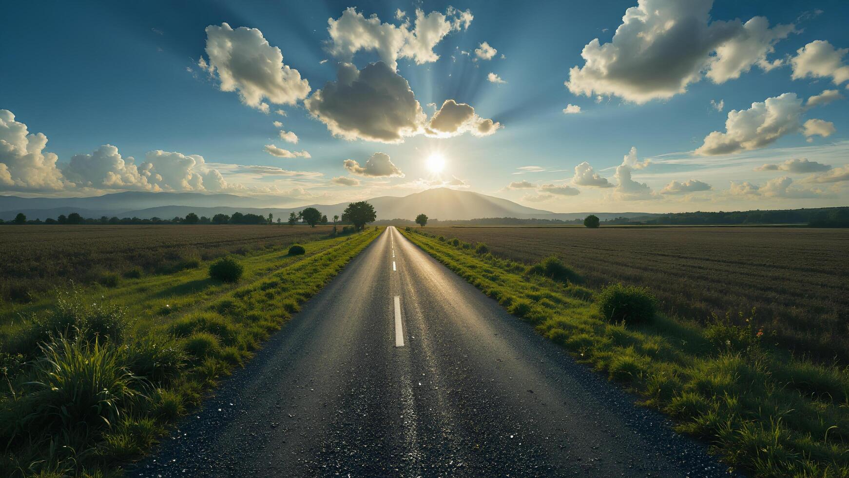 Serene Open Road Under Bright Clouds and Sunlight at Dusk photo