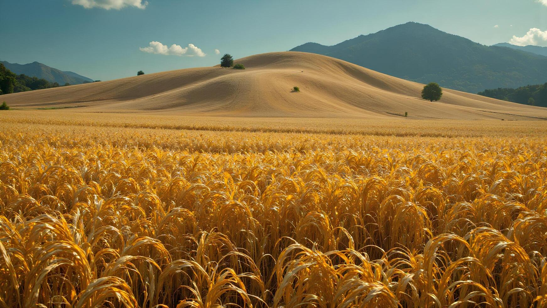 Golden Wheat Fields with Rolling Hills and Blue Sky Background photo