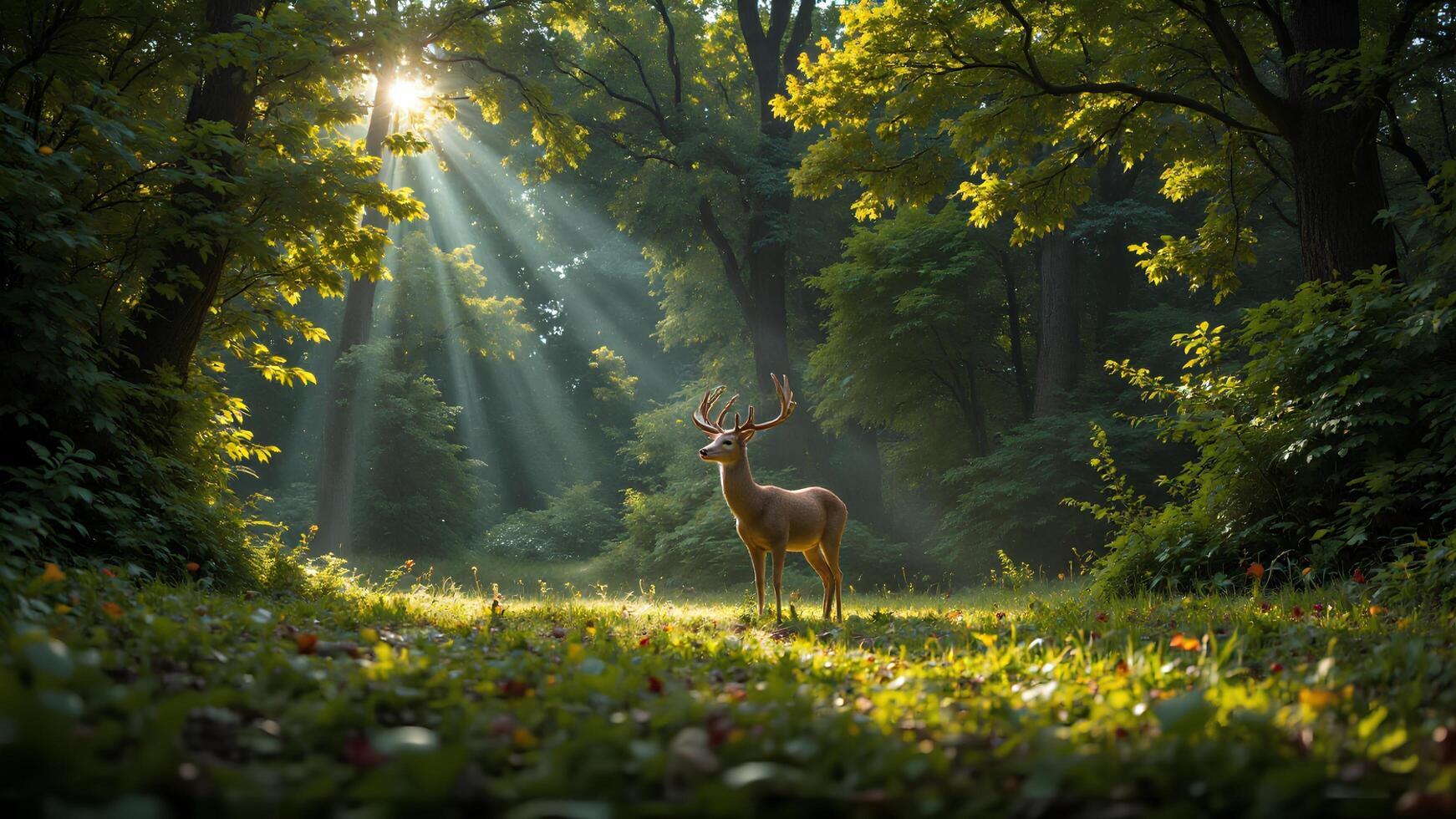 Majestic Deer Standing in Sunlit Forest with Radiant Light Beams photo