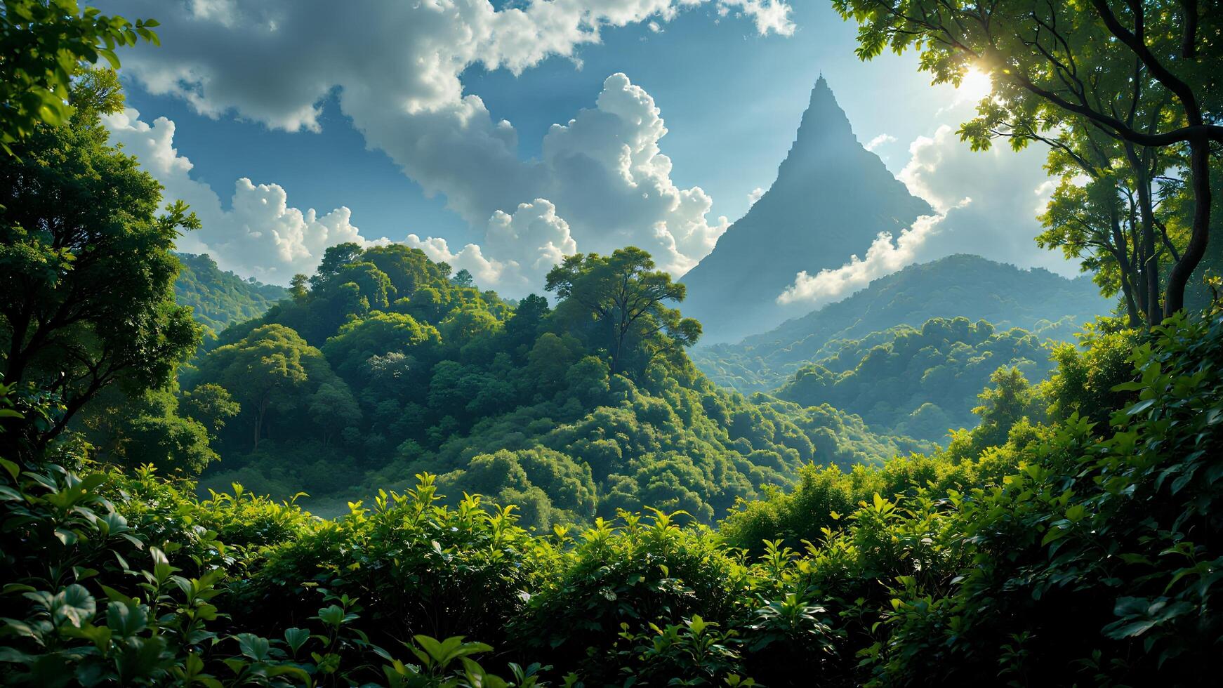 Lush Green Mountain Landscape Under Bright Blue Sky with Clouds photo