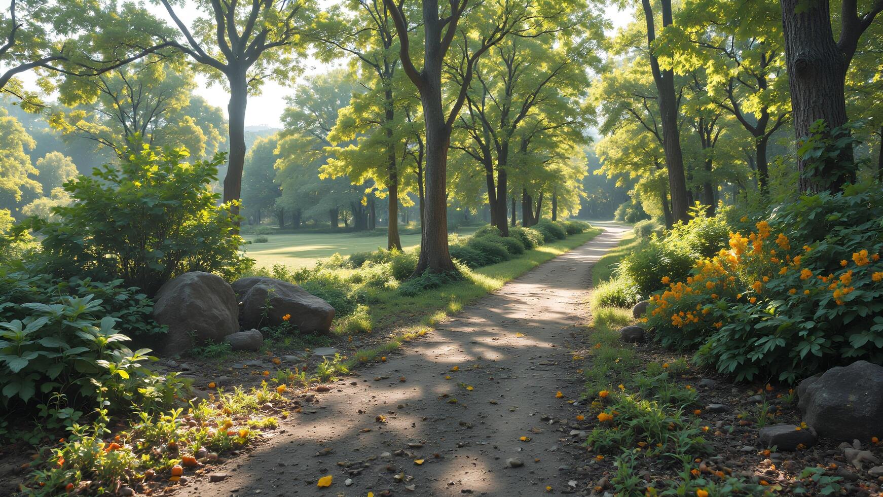 Serene Sunlit Pathway Through Lush Green Forest Landscape photo