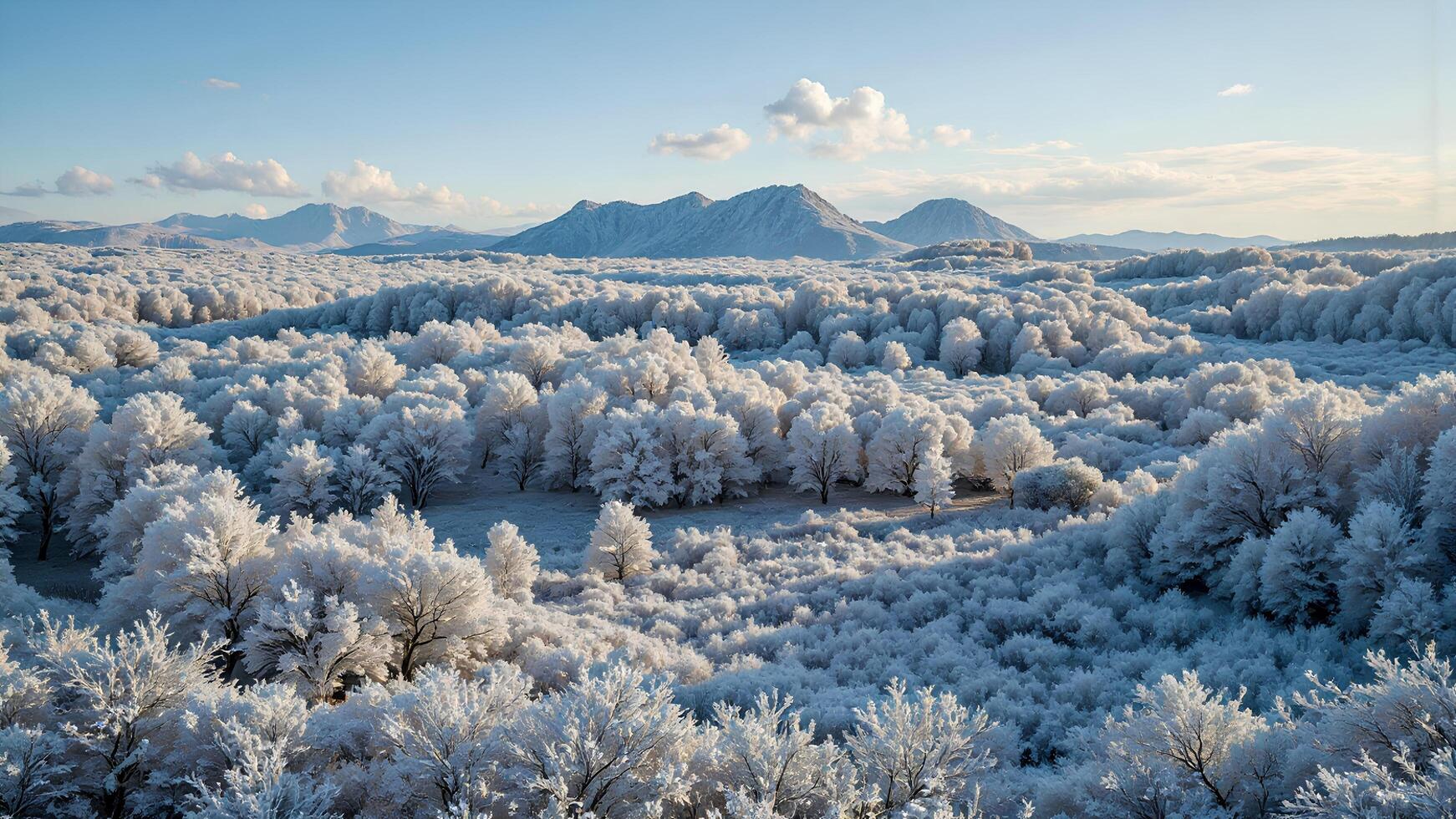 Serene Frosty Landscape with Snow-Covered Trees and Mountains photo