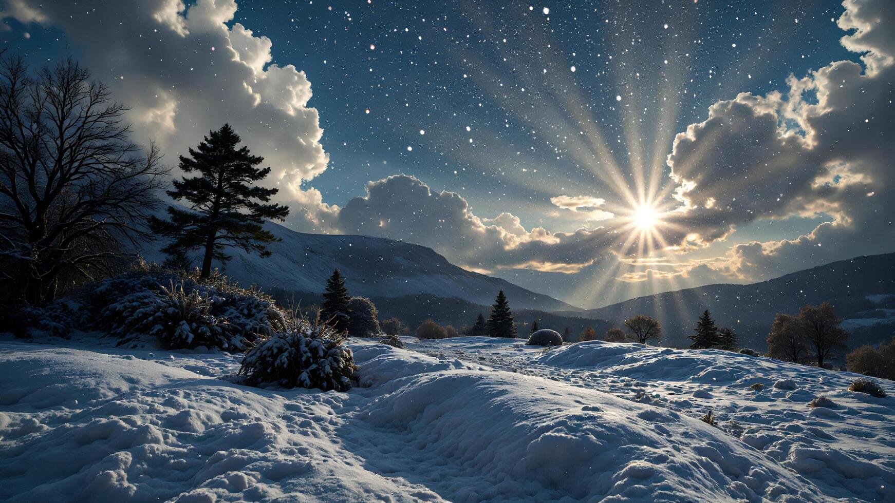 Serene Winter Landscape with Snowfall and Sunburst Over Mountains photo