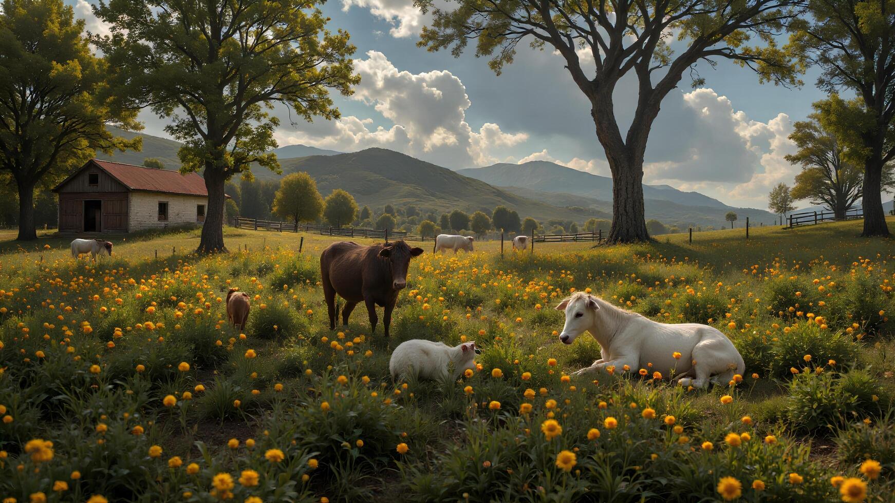 Peaceful Pastoral Landscape with Animals and Blooming Flowers photo