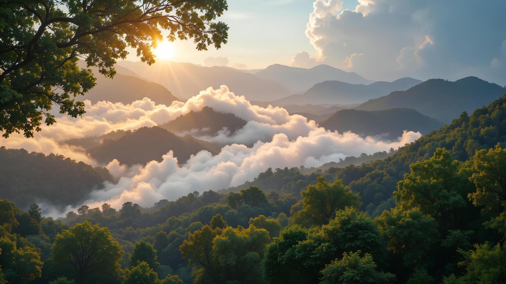 Scenic Mountain Landscape with Clouds and Sunrise Over Hills photo