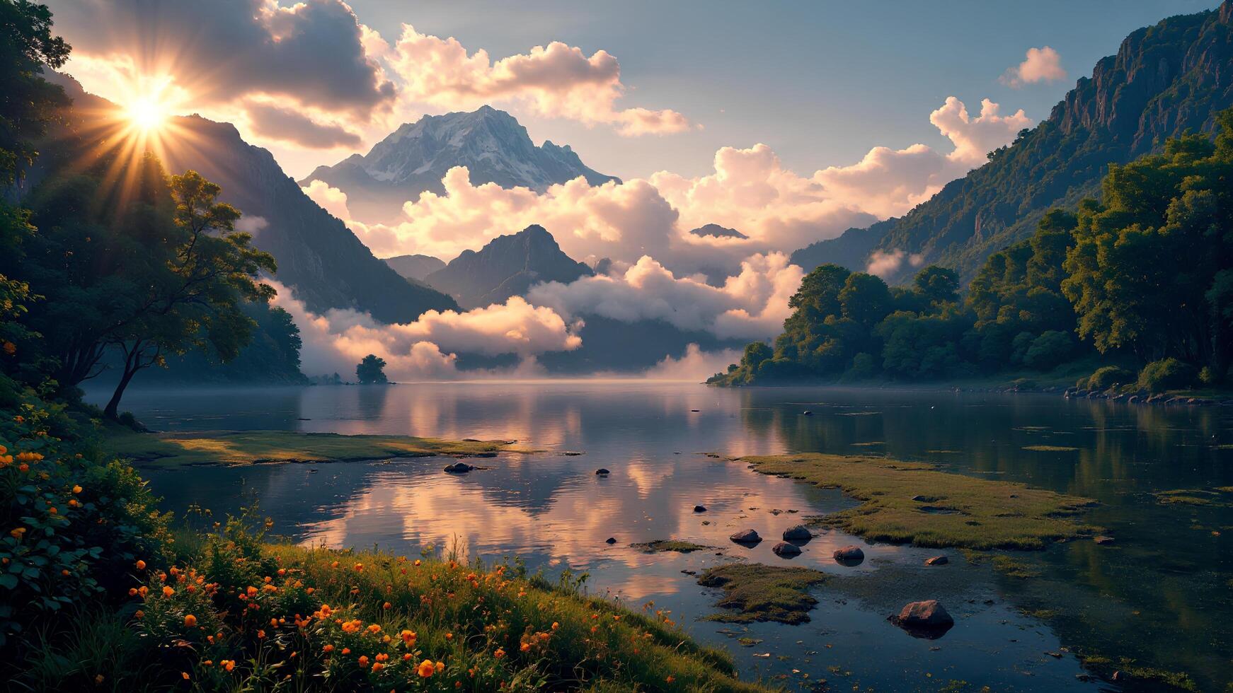 Serene Sunrise Over Mountain Lake with Reflective Waterscape photo