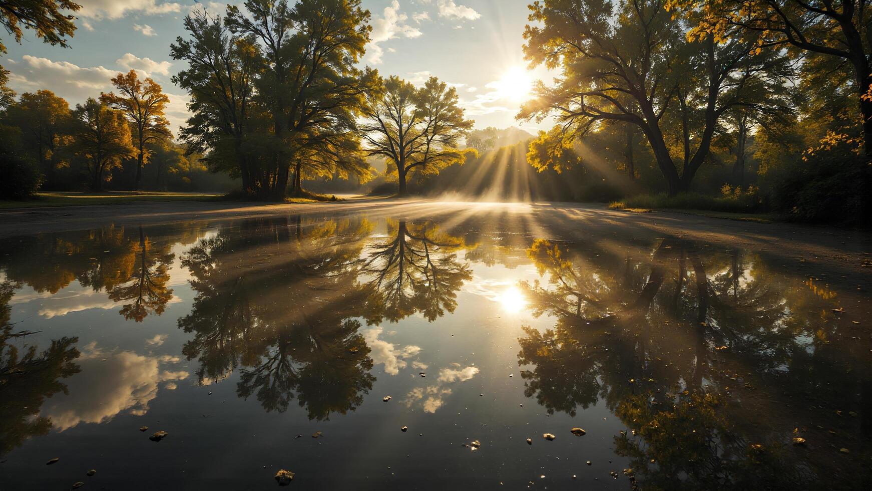 Serene Morning Reflections in Calm Water with Sunlight Rays photo