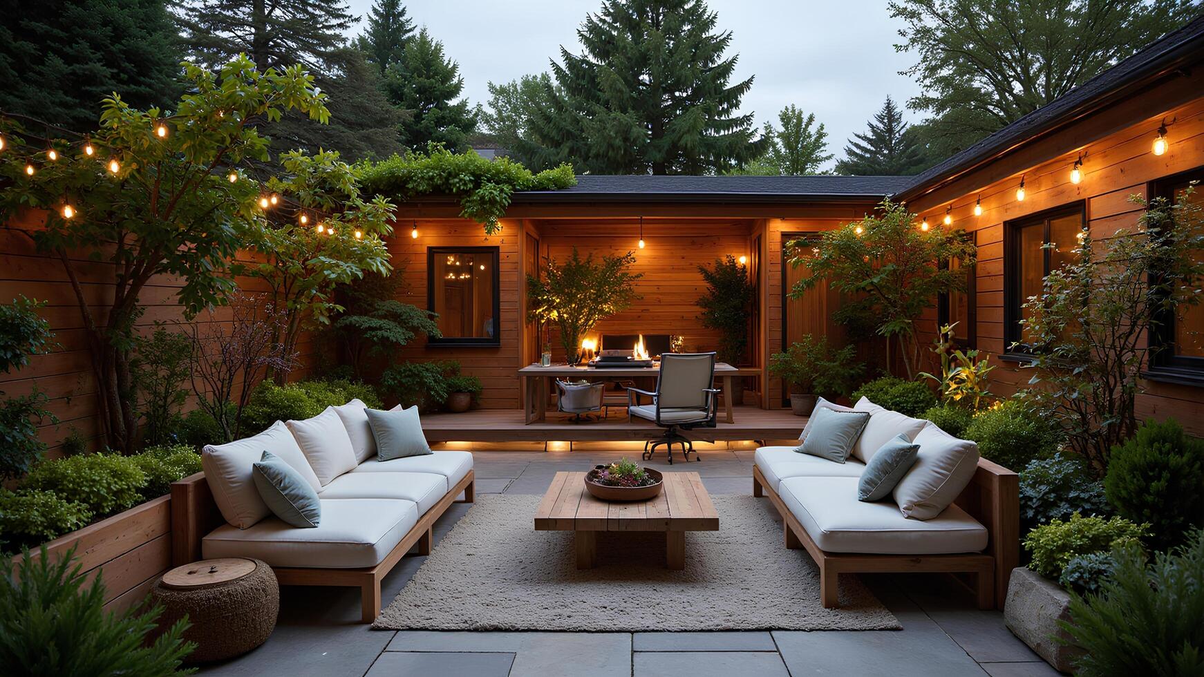 Cozy Outdoor Patio with Soft Lights and Lush Greenery at Dusk photo