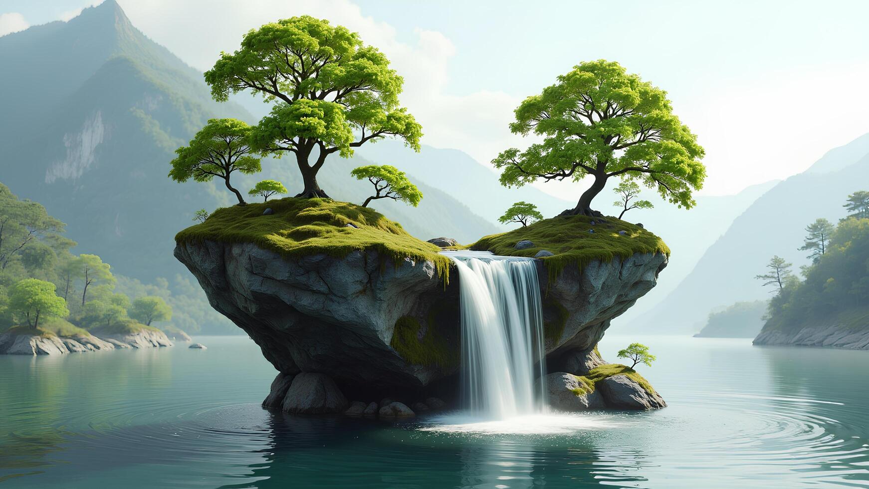 Tranquil Waterfall Flowing from Rock Island Surrounded by Lush Trees photo