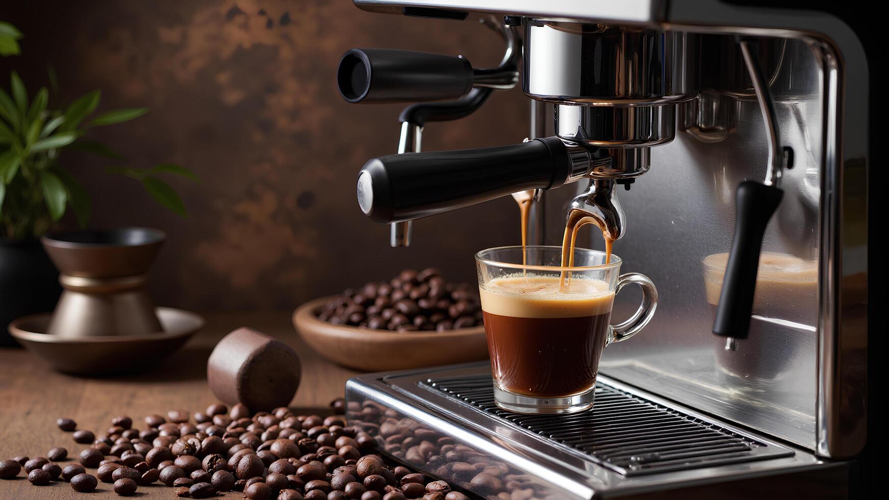 Freshly Brewed Espresso with Coffee Beans and Elegant Setup photo