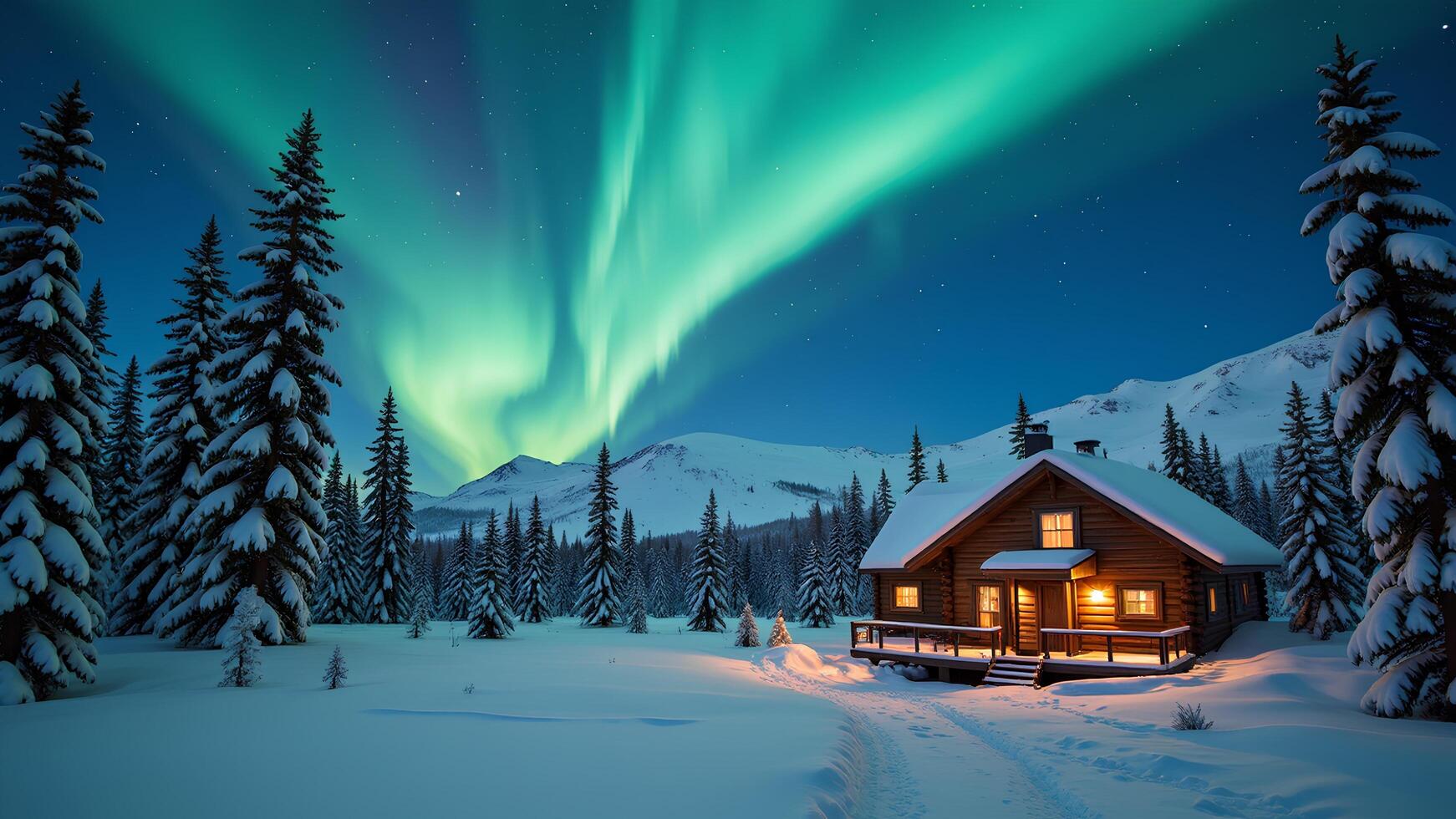 Cozy Cabin Under the Magical Aurora Borealis in Winter Night photo