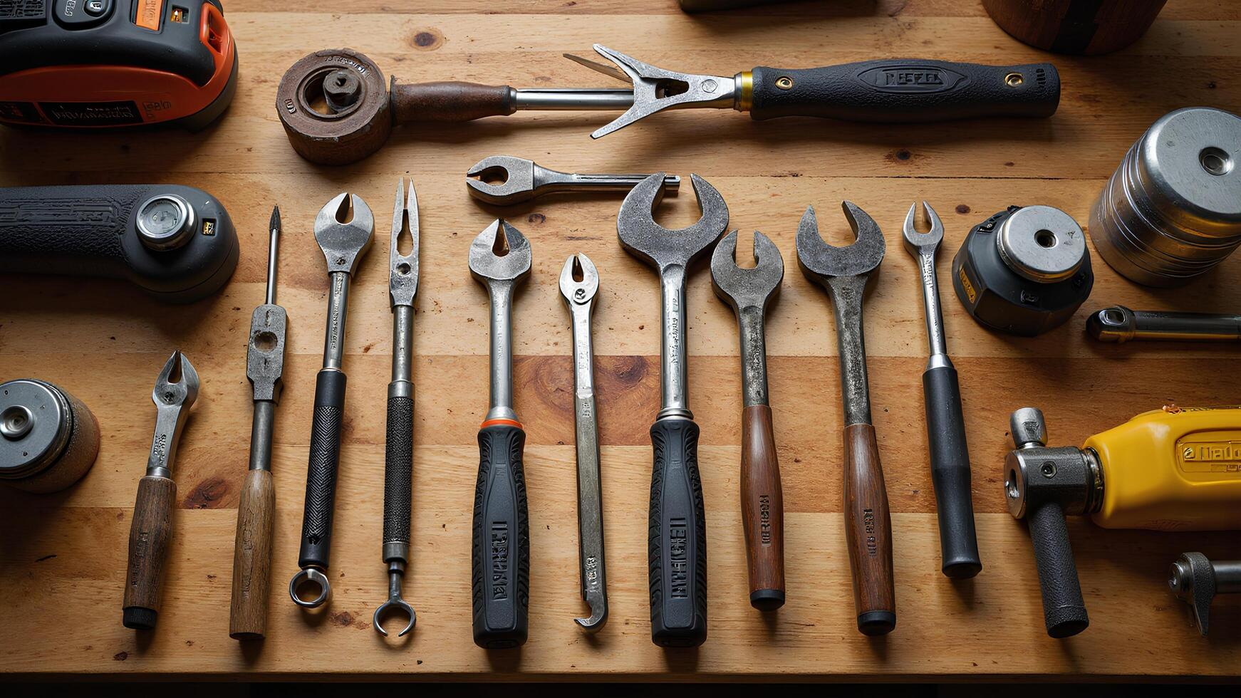 Collection of Hand Tools on a Wooden Workbench Surface photo