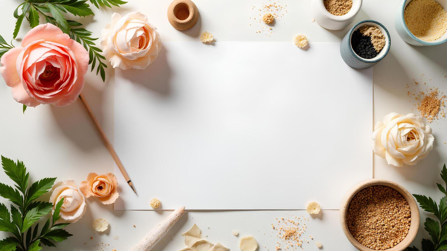 Elegant Flat Lay of Blank Paper Surrounded by Flowers and Spices photo
