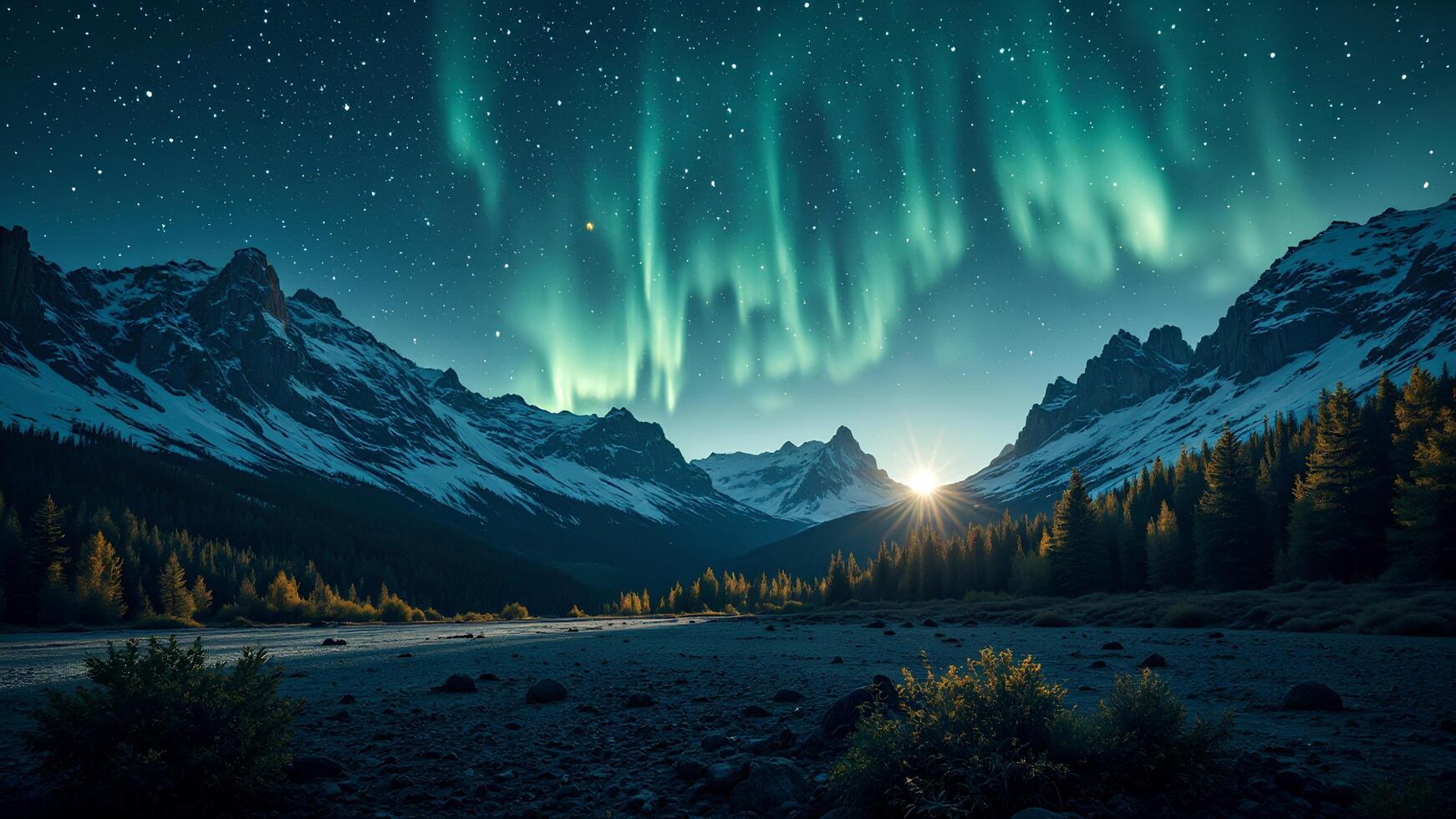 Majestic Aurora Borealis Over Snow-Capped Mountains at Dusk photo