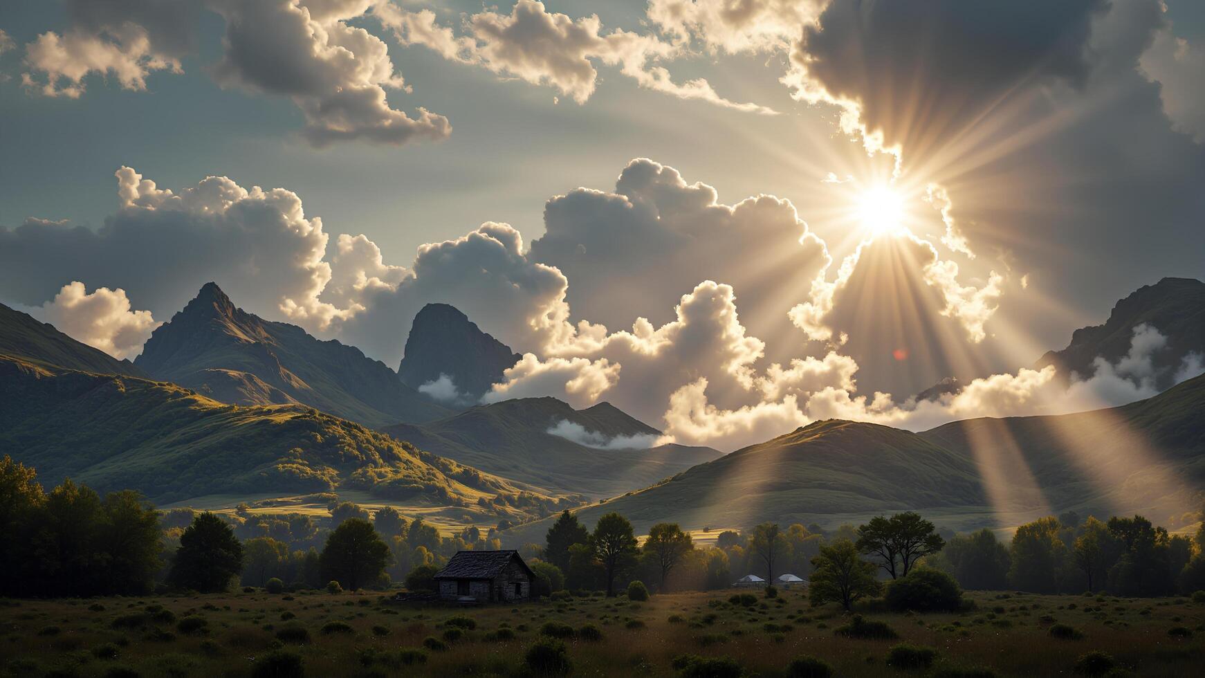 Serene Mountain Landscape with Dramatic Clouds and Sun Rays photo