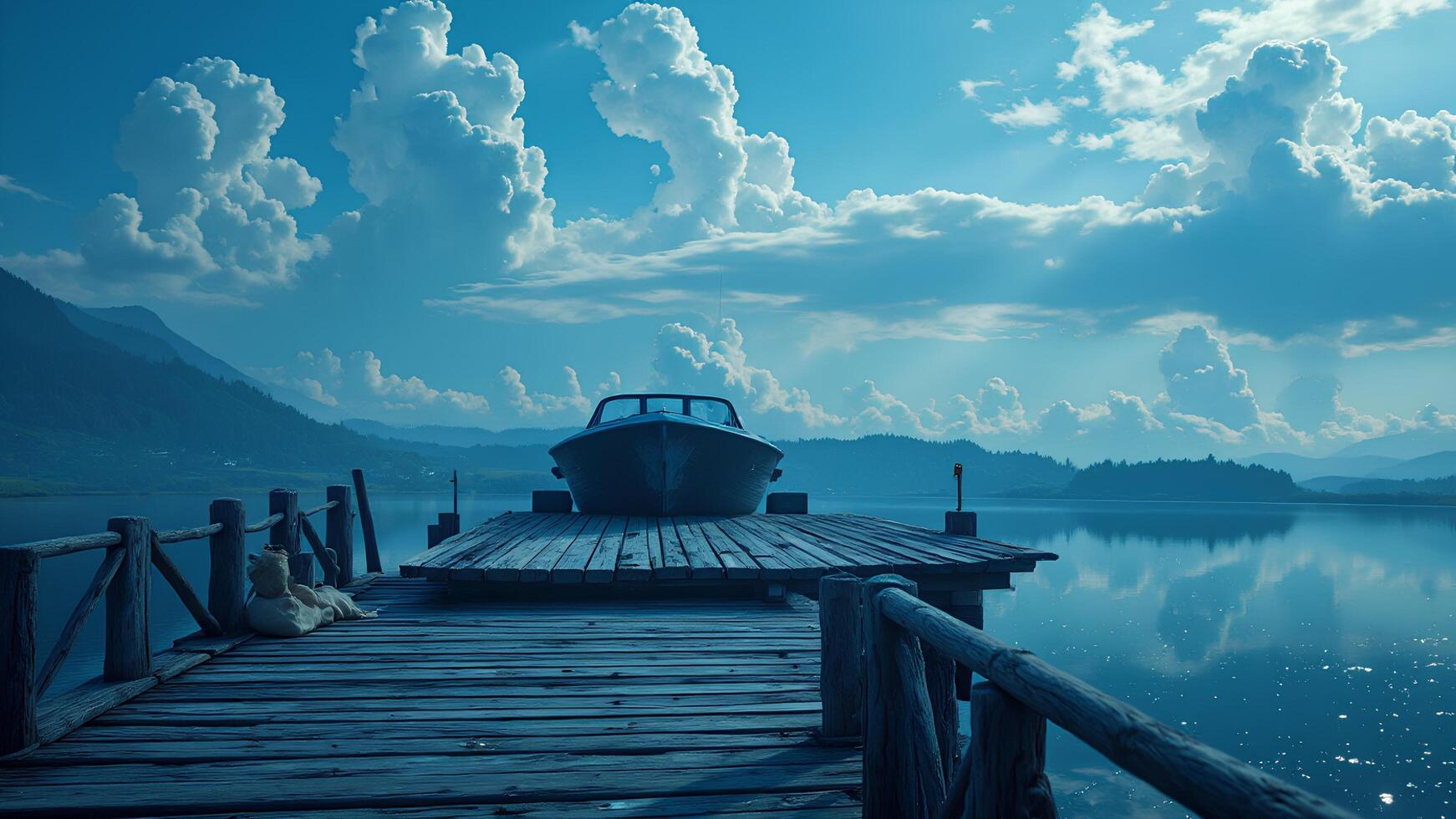 Tranquil Lake View with Boat at Pier under Dramatic Blue Sky photo