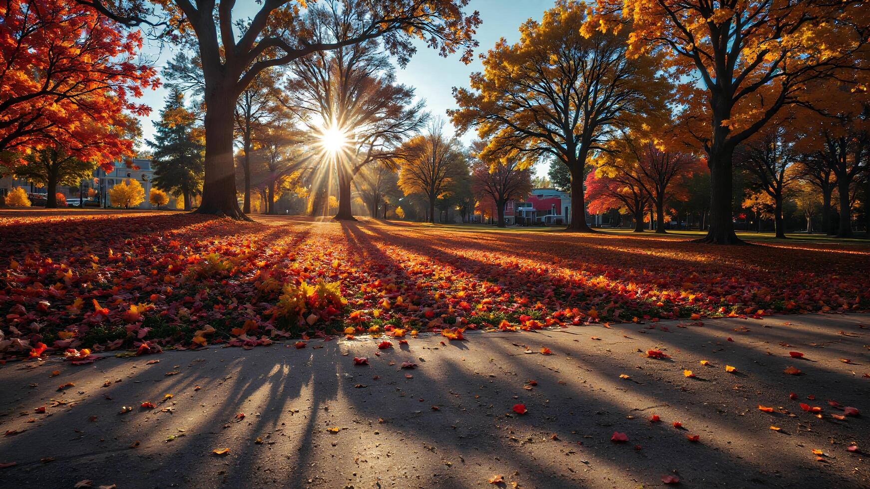 Autumn Park Scene with Colorful Leaves and Sunlight Rays in Trees photo