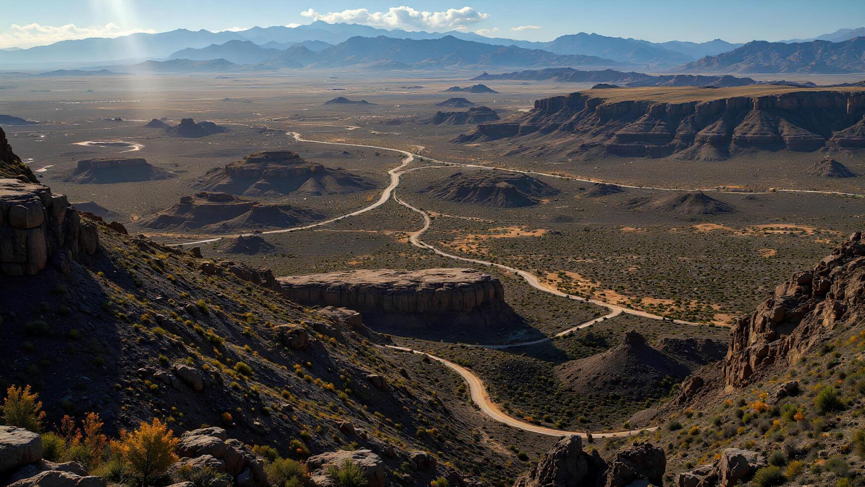 Vast Desert Landscape with Rocky Formations and Clear Blue Sky photo