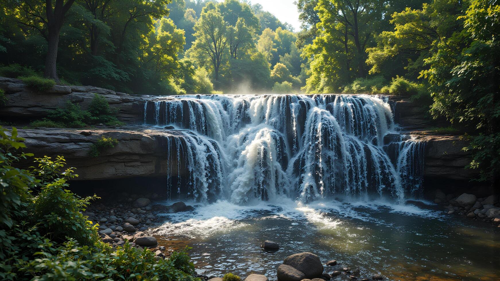 Serene Waterfall Cascading Through Lush Green Trees at Sunrise photo