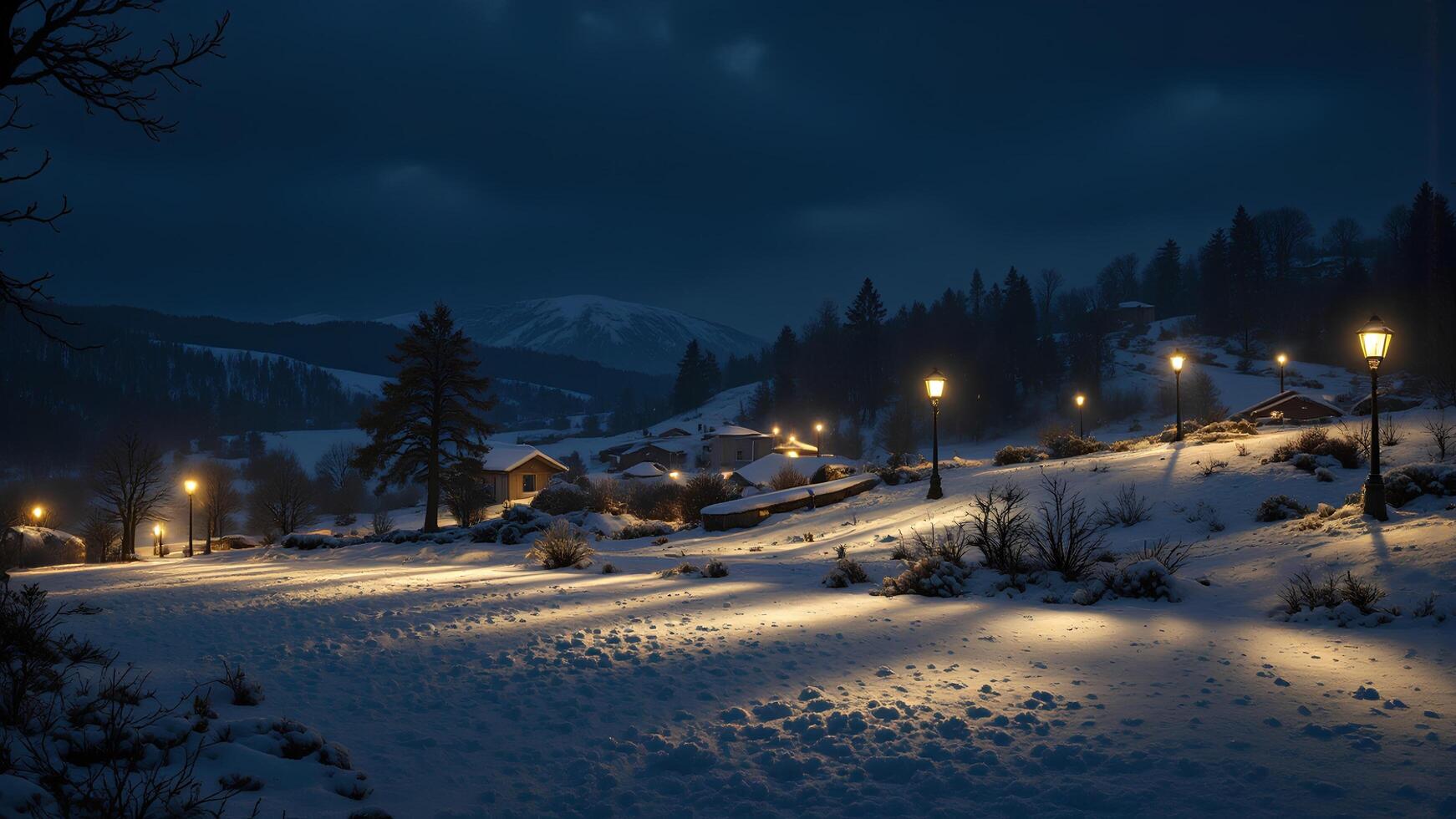 Snowy Landscape at Night with Street Lamps and Mountain View photo