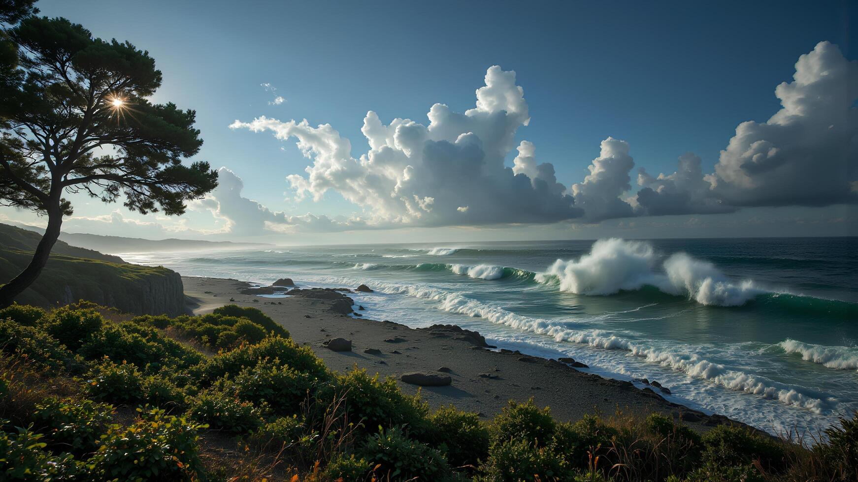 Serene Coastal Landscape with Waves and Dramatic Clouds at Dusk photo