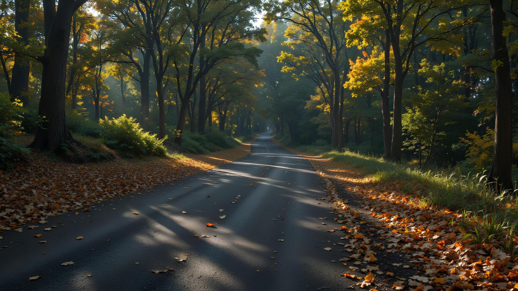 Serene Autumn Pathway Through Lush Trees and Fallen Leaves photo