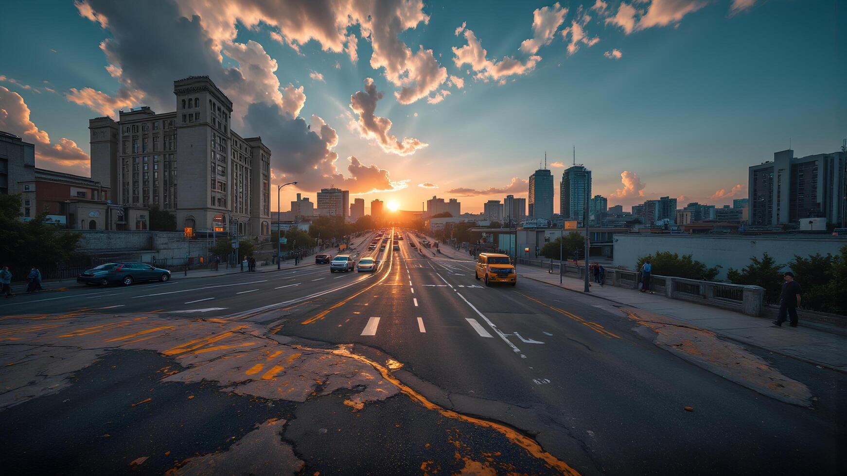 Golden Hour Cityscape with Dramatic Clouds and Sunlight Reflection photo
