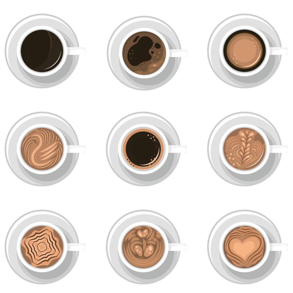 A new Coffee cup set top view. Americano, latte, espresso, cappuccino, macchiato, mocha assortment isolated on white background. Illustration for web design or brochure printing vector