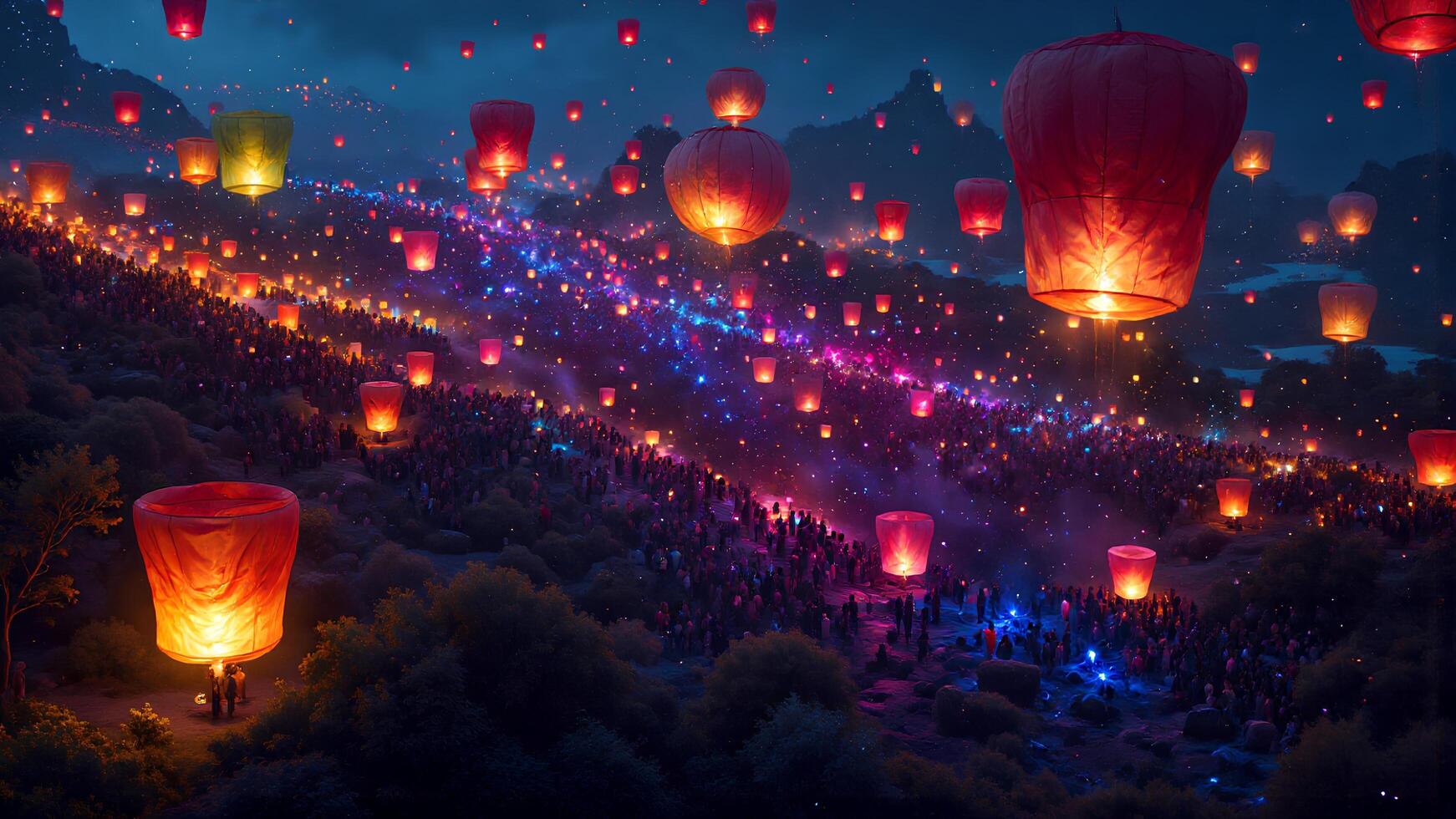 Colorful Lantern Festival Illuminating Night Sky Over Crowded Valley photo