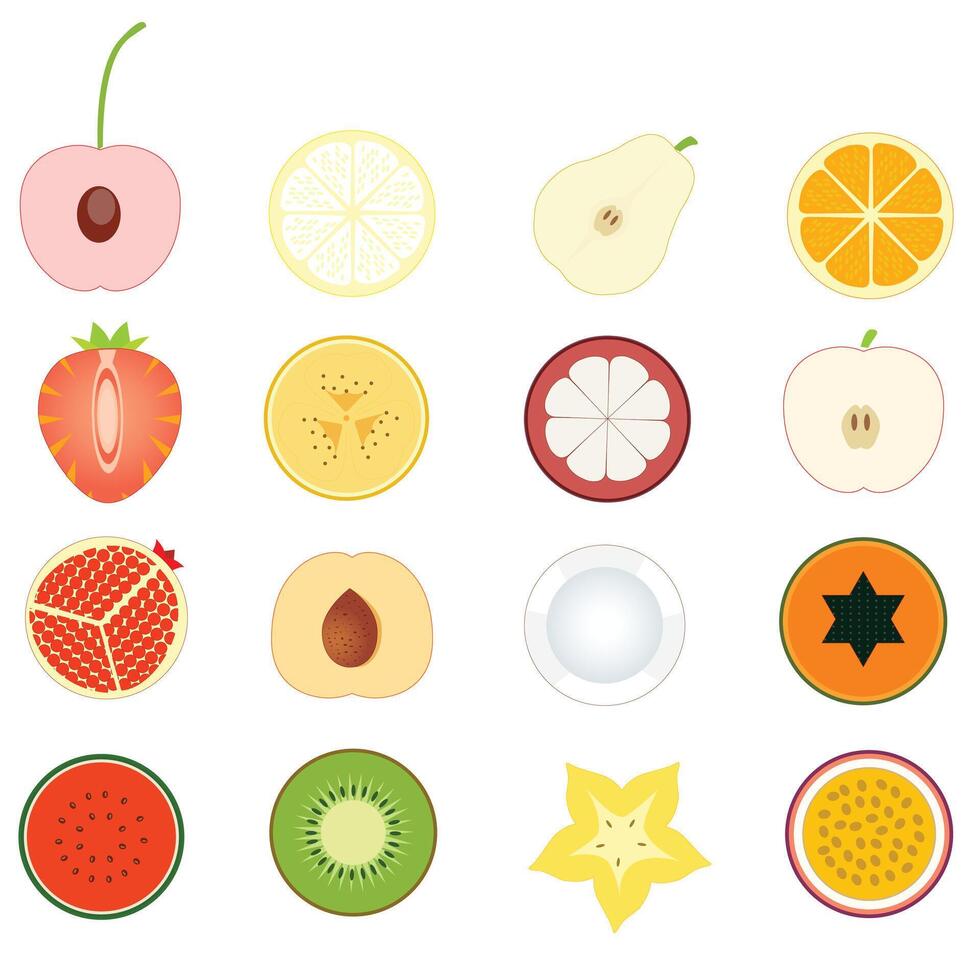 A best Large collection of tropical, exotic, citrus fruits. Icon set of cutaway fruits. Pairs of fruit, whole and cut in half. vector