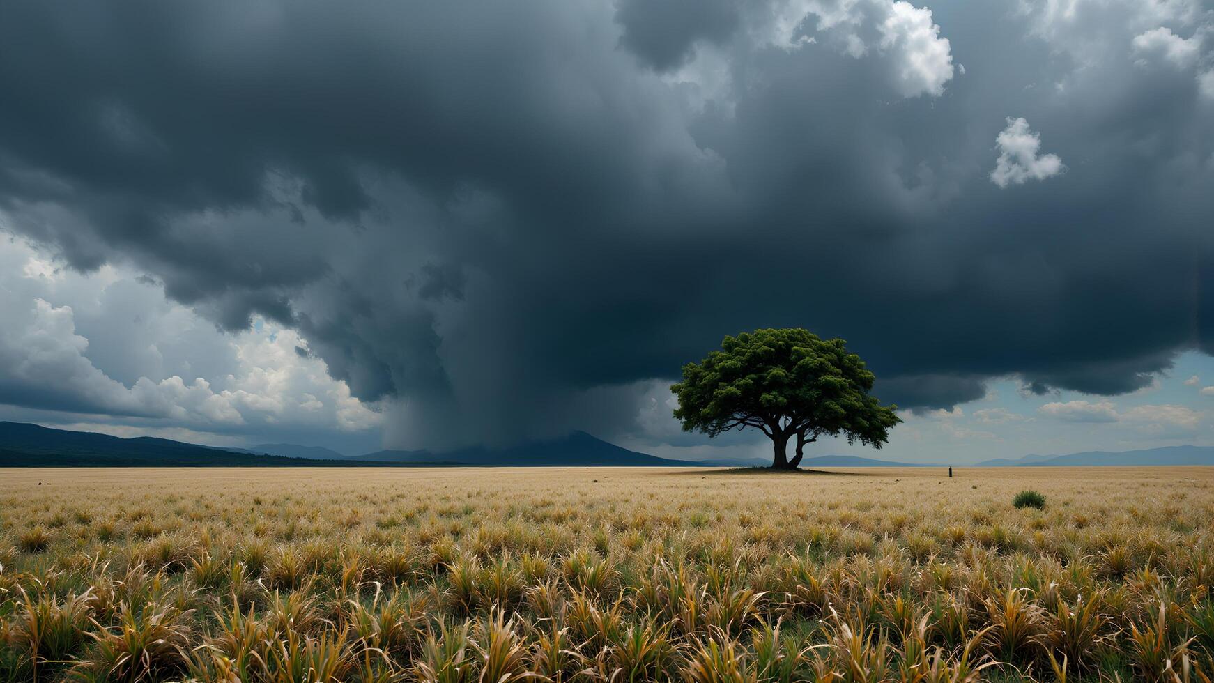 Majestic Lone Tree Beneath Dark Stormy Sky Over Golden Field photo