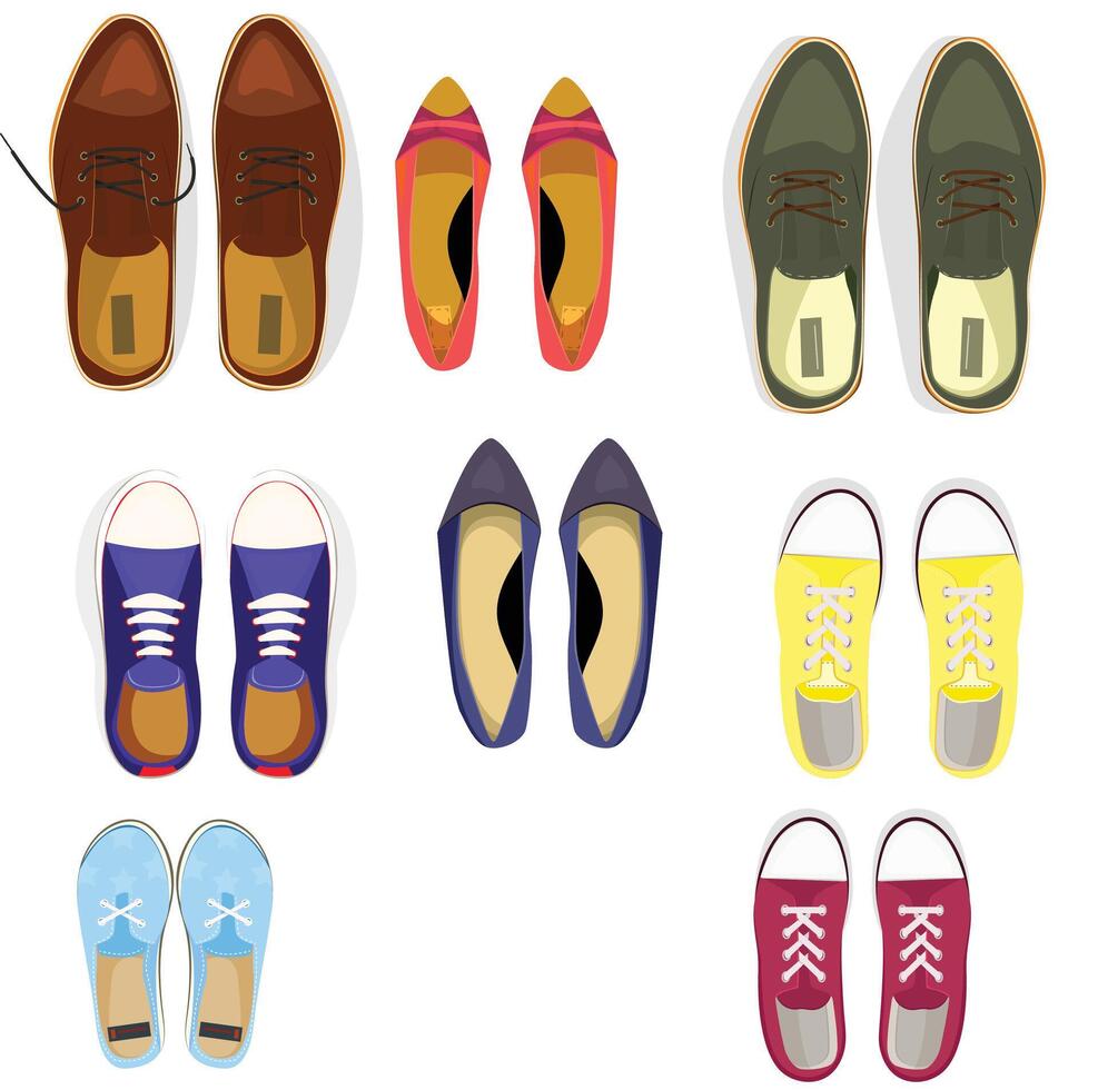 Sneakers shoes. Fitness footwear for sport, running and training. Colorful modern shoe designs. Sneaker side view cartoon icons vector