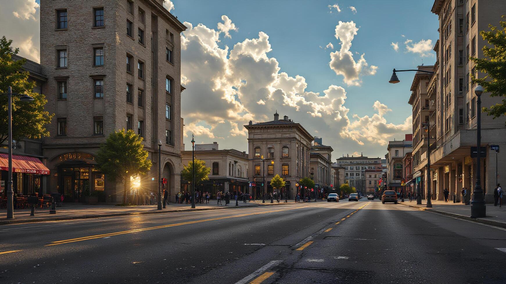 Urban city street with sunlight and clouds during golden hour photo