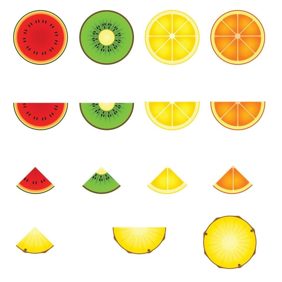 A new Large collection of tropical, exotic, citrus fruits. Icon set of cutaway fruits. Pairs of fruit, whole and cut in half. vector
