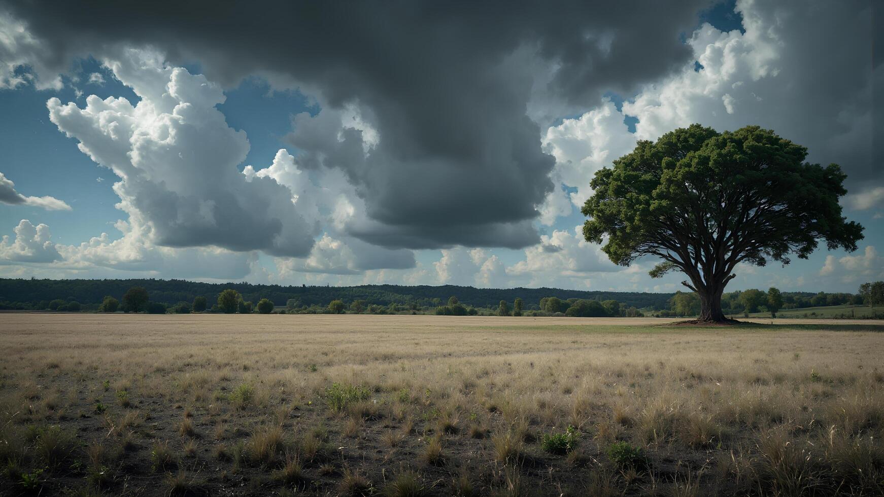 Majestic Lone Tree Under Dramatic Cloudy Sky in Open Landscape photo