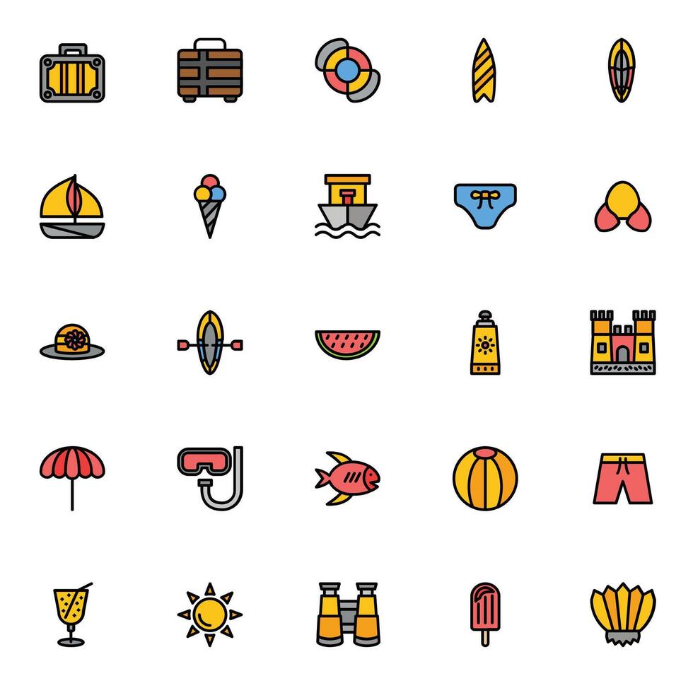 the This is a large set of colorful summer and travel icons representing summer activities and beach vacation vector