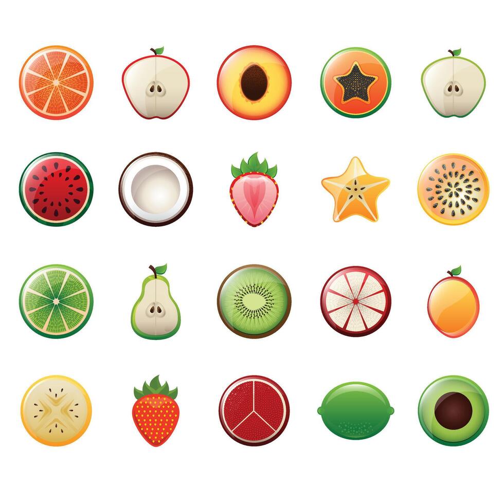 the Large collection of tropical, exotic, citrus fruits. Icon set of cutaway fruits. Pairs of fruit, whole and cut in half. vector