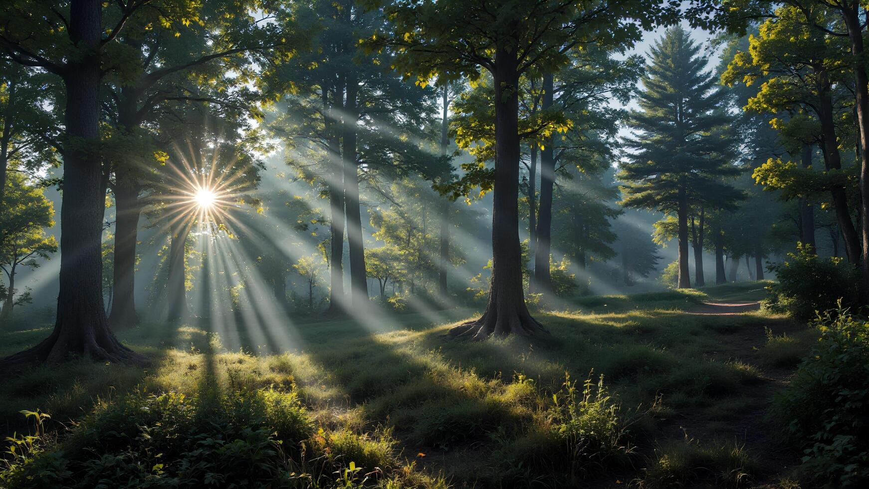 Serene Forest with Sunlight Rays Illuminating Tranquil Landscape photo
