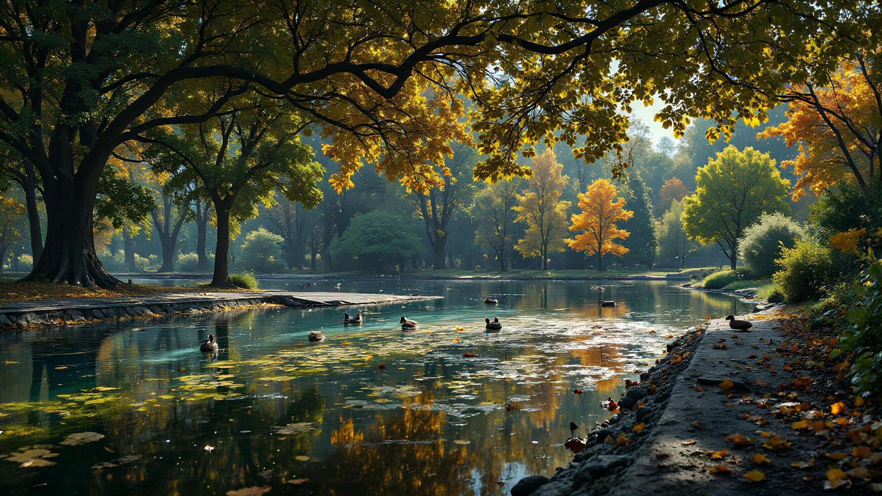 Serene Autumn Landscape with Colorful Leaves and Tranquil Water photo