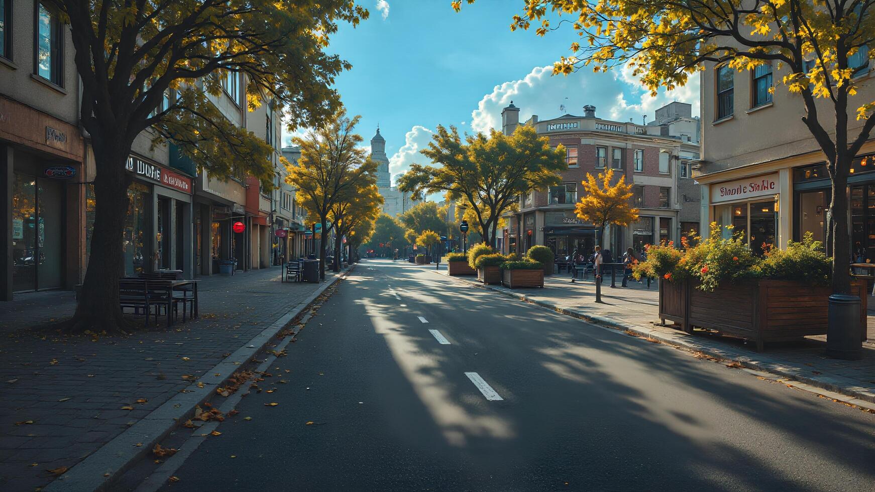 Serene Autumn Street Scene with Trees and Vibrant Leaves in Daylight photo