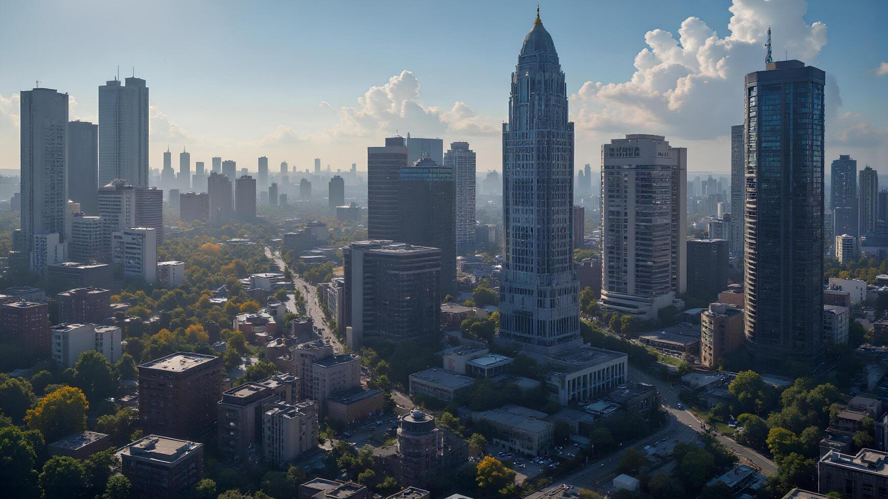 Aerial View of Urban Cityscape with Modern Skyscrapers and Clouds photo