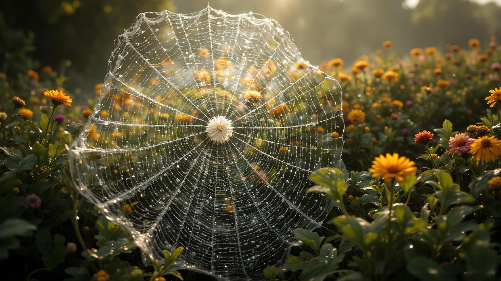 Dewy Spider Web in a Colorful Flower Field at Sunrise photo