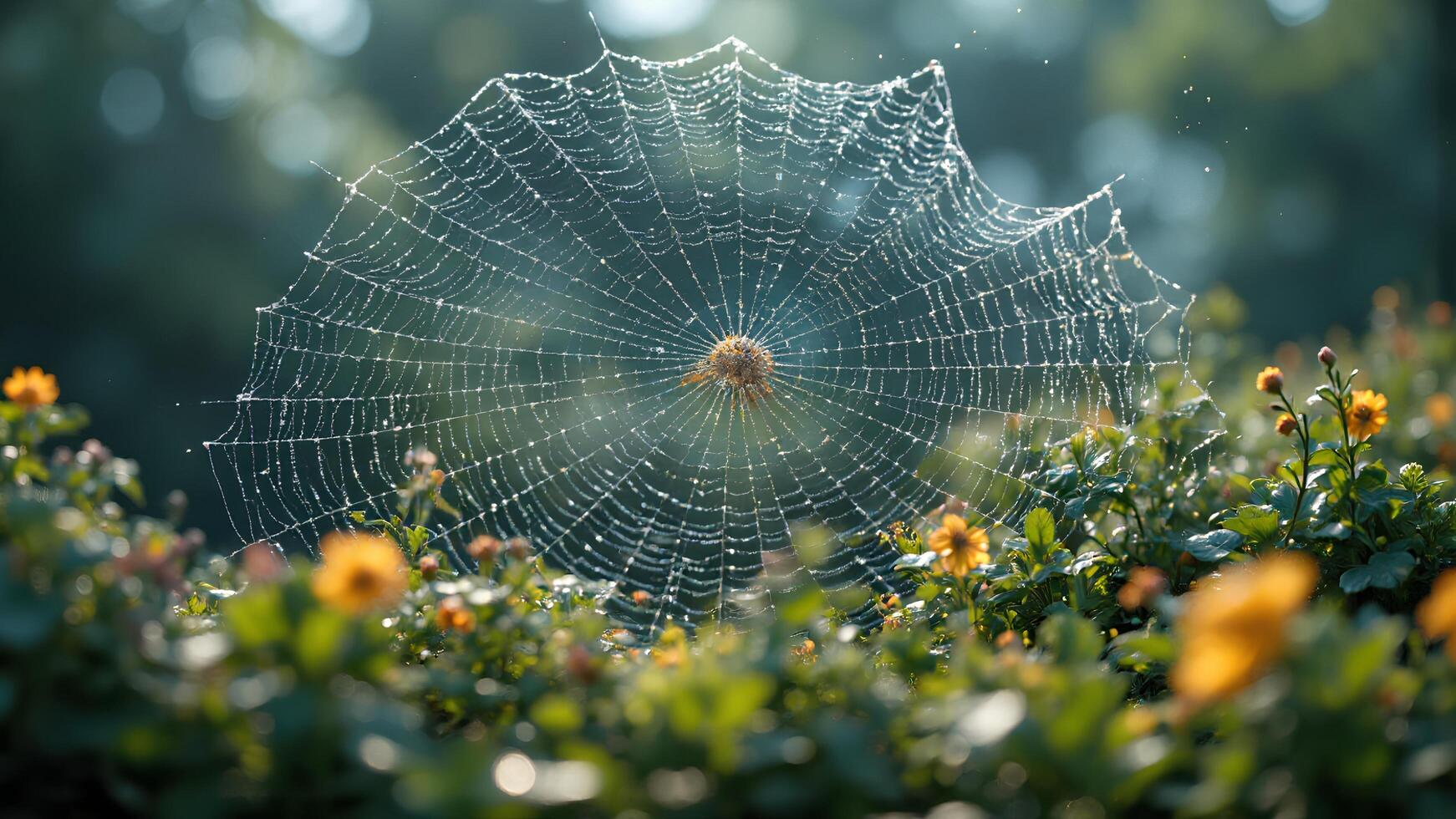 Captivating Spider Web Glimmering with Dew in Sunlit Garden Setting photo