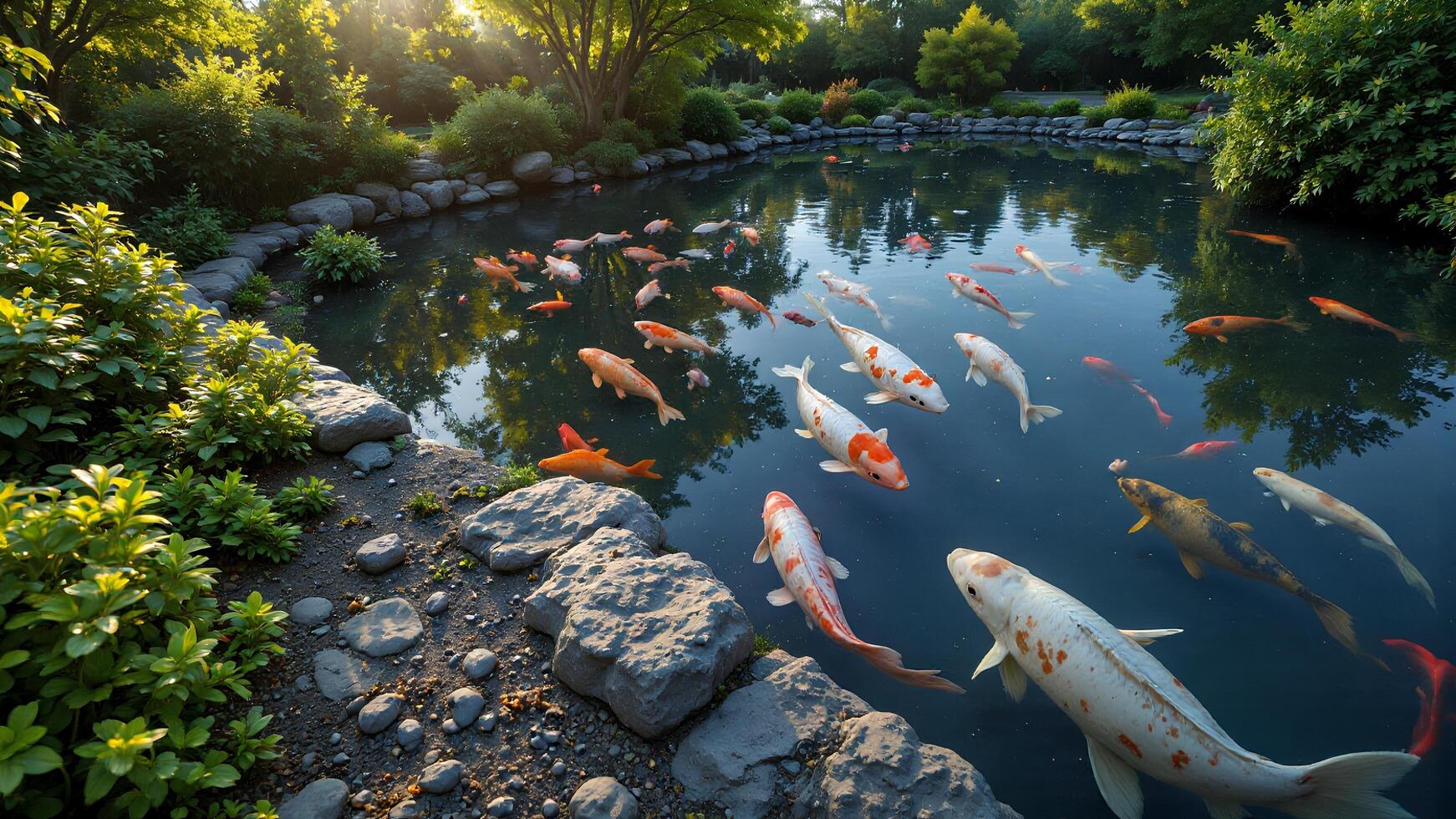 Peaceful Pond Scene with Colorful Koi Fish Swimming in Nature photo