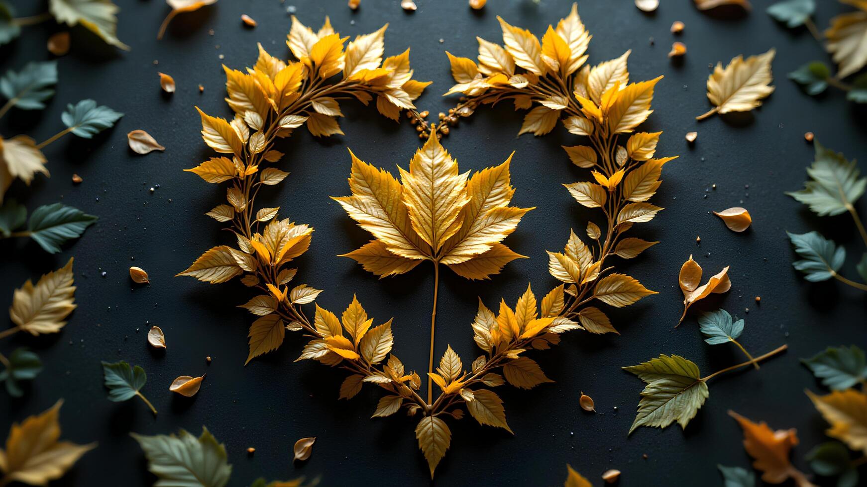 Golden Leaf Heart Arrangement on Dark Background for Autumn Decor photo