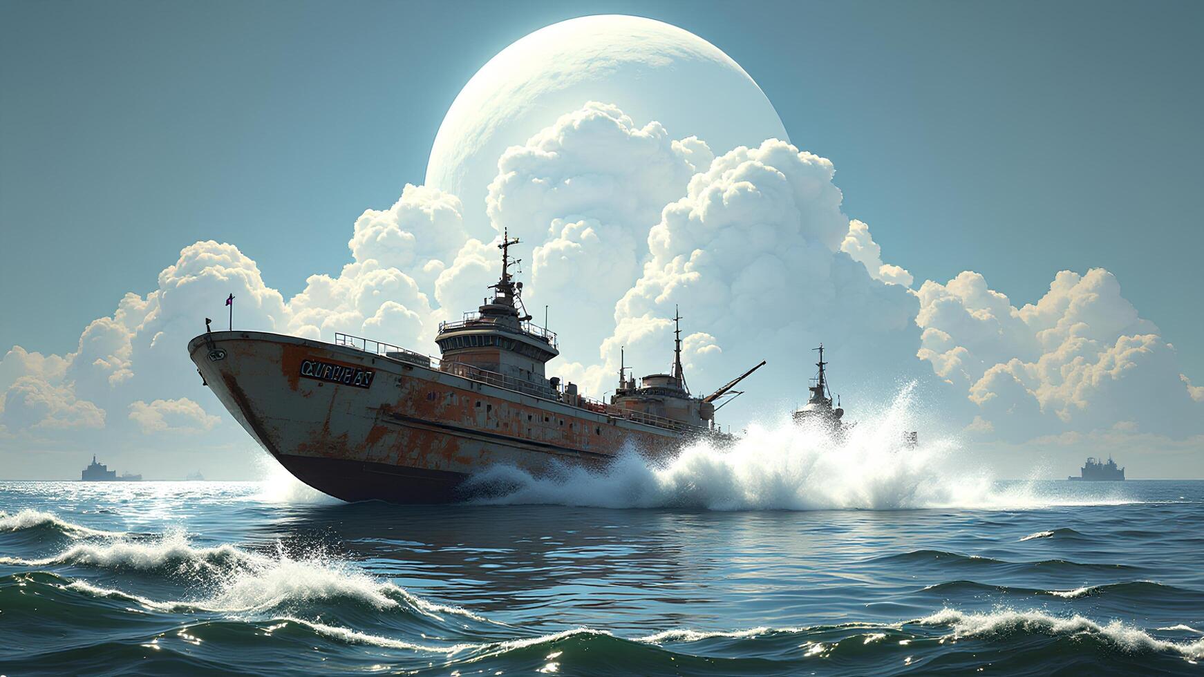 Majestic Ship Navigating Turbulent Waters Under Dramatic Sky photo