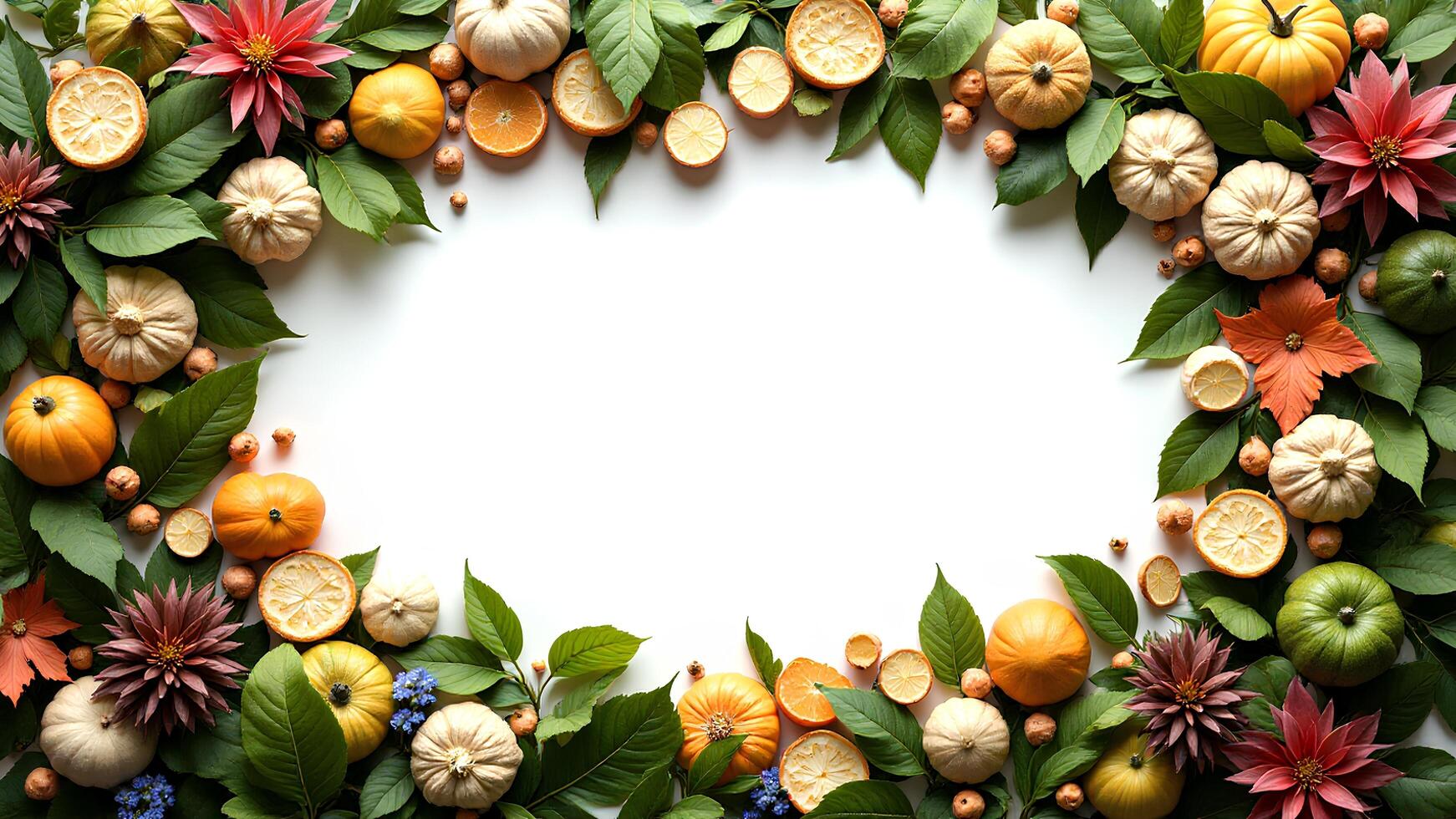 Autumn Harvest Border with Pumpkins, Citrus Fruits, and Leaves photo