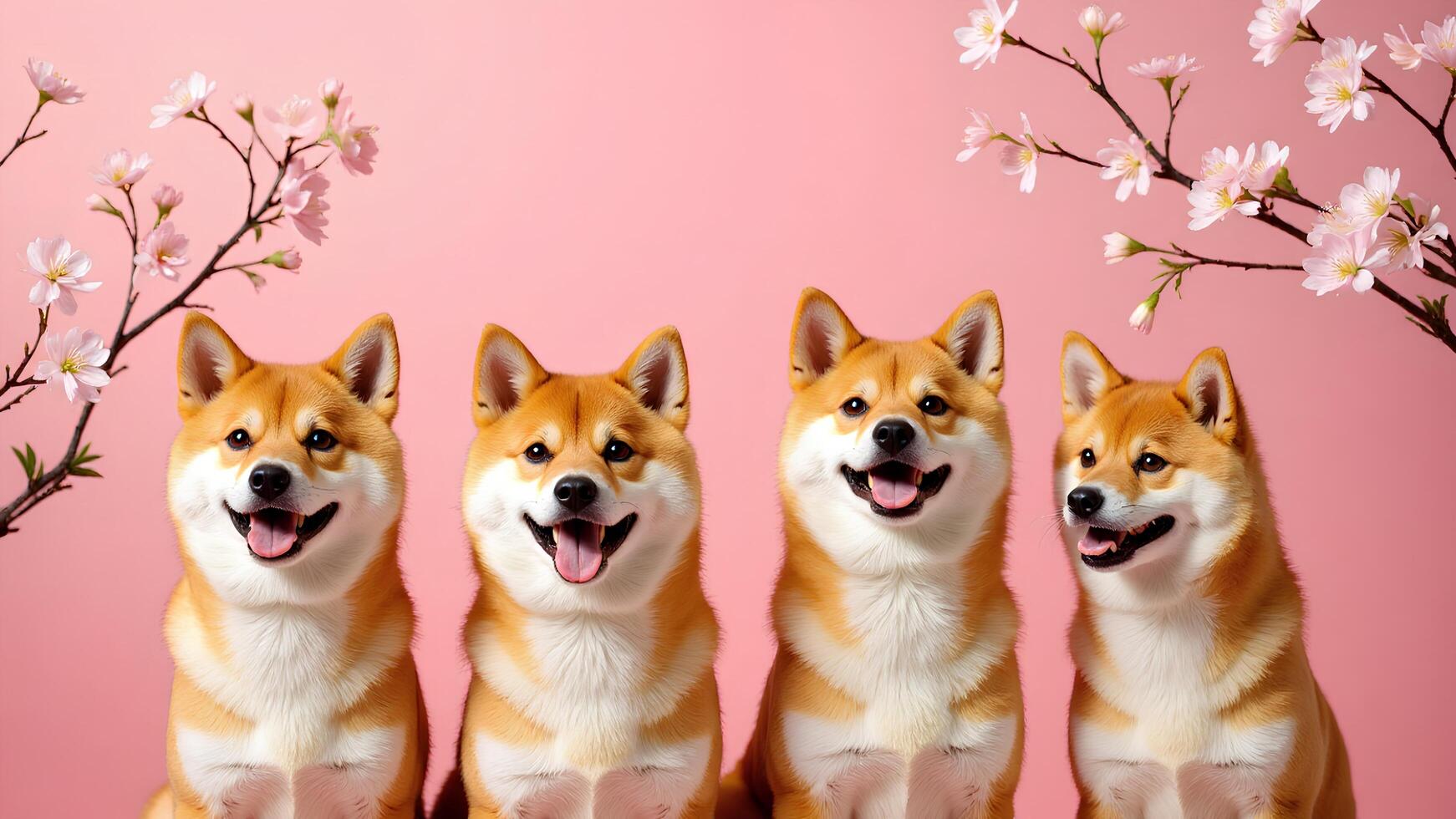Four Shiba Inu Dogs Posing Against a Pink Floral Background photo