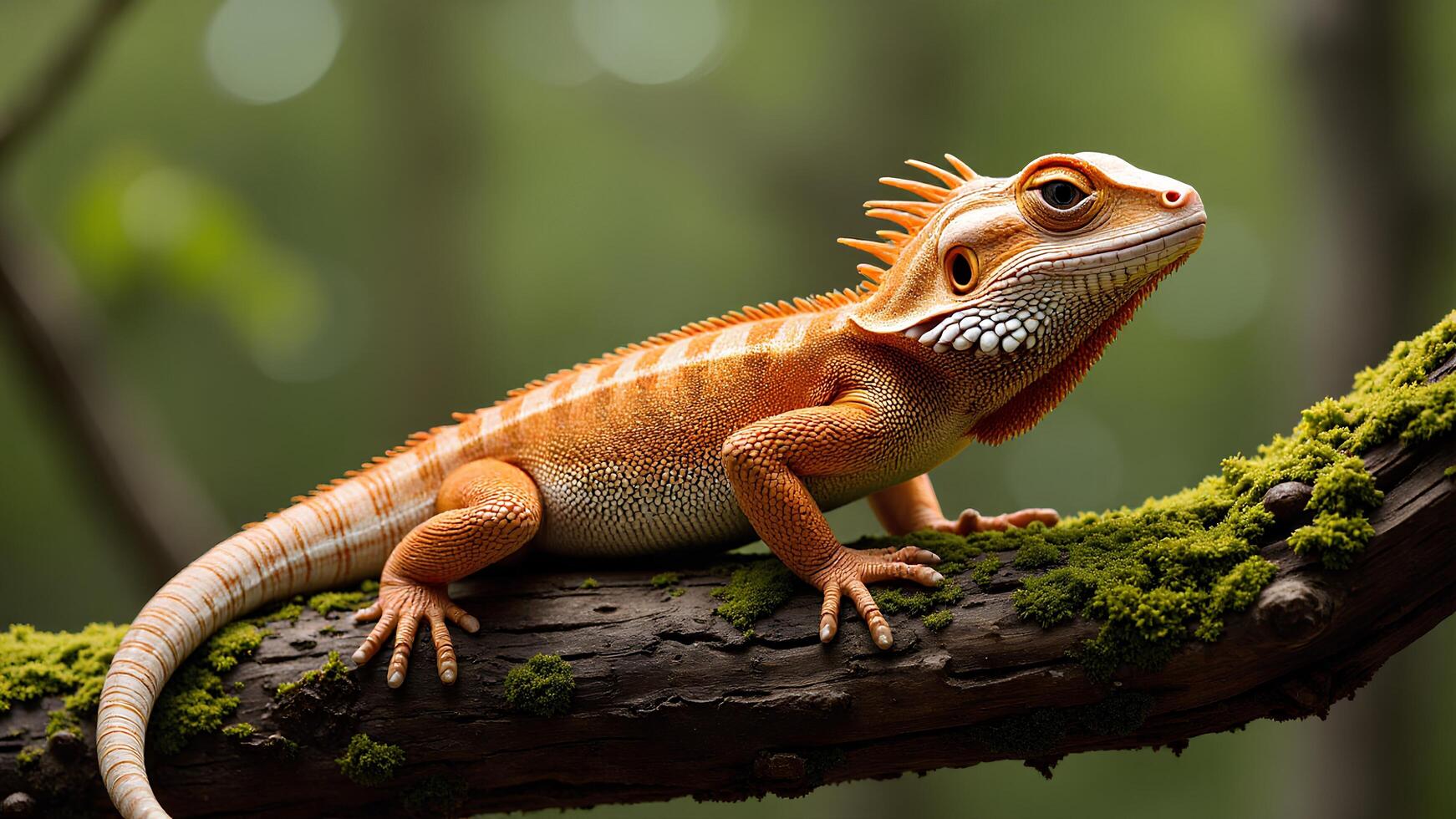 Vibrant Orange Lizard Resting on Mossy Tree Branch in Nature photo